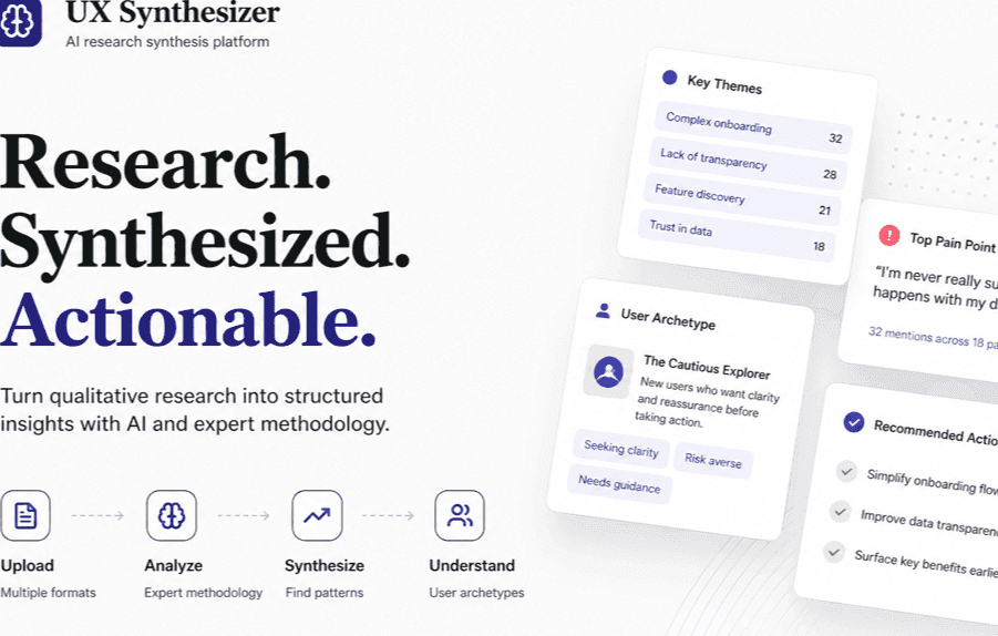 UX Synthesizer hero with insight cards and process steps